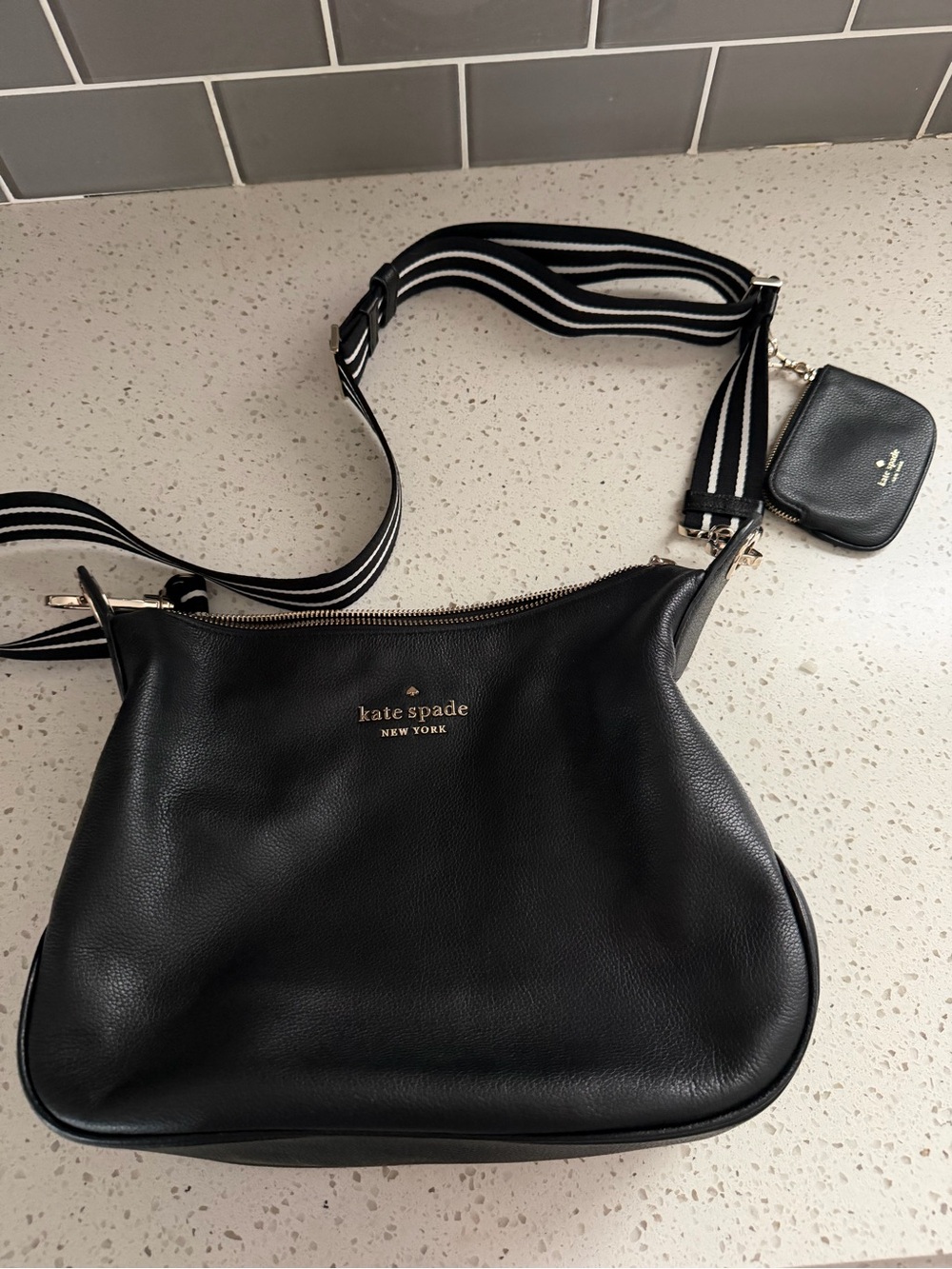 kate spade Black Leather Crossbody with Striped Adjustable Strap and Coin Pouch
